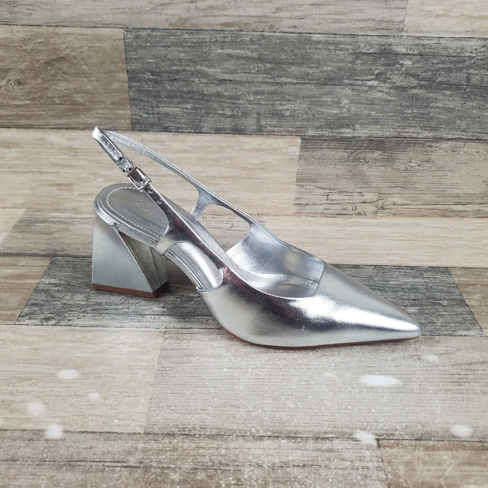 Schutz Blanche Mid Womens Pumps Sz 5 B Block Heel Prata Metallic Slingback Strap